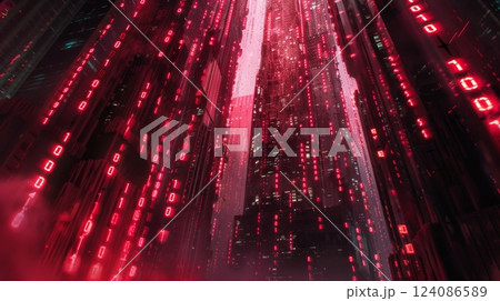 An abstract city skyline with red binary code cascading down from buildings. 124086589