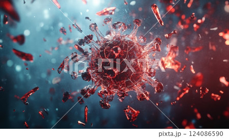 A striking depiction of a virus depicted in intricate detail, surrounded by colorful fragments and particles, showcasing its structure against a vibrant, moody background. 124086590