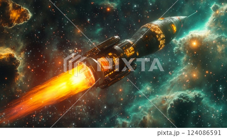 A futuristic spaceship is shown in flight, with a powerful engine firing and creating a large plume of orange fire behind it A futuristic spaceship is shown in flight, with a powerful engine firing and creating a large plume of orange fire behind it 124086591