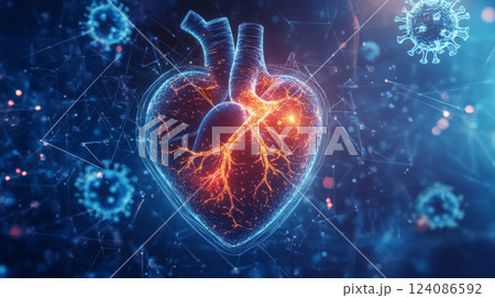 A vibrant digital depiction of a heart showcasing its intricate vessels, surrounded by floating virus particles, set against a cosmic backdrop filled with twinkling stars and a soft glow. A vibrant digital depiction of a heart showcasing its intricate vessels, surrounded by floating virus particles, set against a cosmic backdrop filled with twinkling stars and a soft glow. 124086592