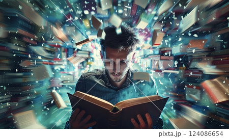A man engrossed in reading a book while sitting amidst a collection of various books. 124086654