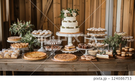A stunning dessert table showcases an array of cakes, pastries, and pies, elegantly arranged for a special event at a rustic venue surrounded by wooden decor. A stunning dessert table showcases an array of cakes, pastries, and pies, elegantly arranged for a special event at a rustic venue surrounded by wooden decor. 124086753