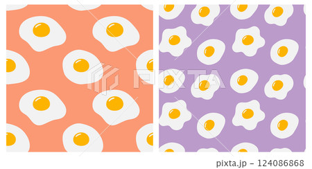 Fried eggs with yolk various protein shape Seamless Pattern on Trendy lavender and coral Backgrounds 124086868