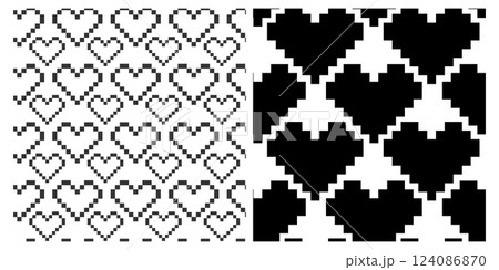 Pixel Art Outline and filled hearts Seamless Patterns Black Day greeting Background concept Set 2 124086870
