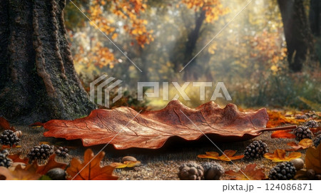 A vibrant autumn leaf lies prominently on the forest floor, surrounded by an array of acorns and scattered leaves. Rays of sunlight filter through trees, enhancing the tranquil natural setting. 124086871