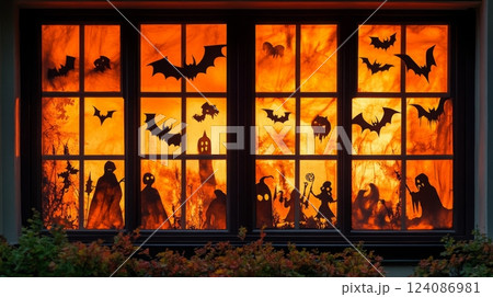 A window is decorated for Halloween. There are paper silhouettes of bats, ghosts, and other spooky figures against a bright orange background. 124086981