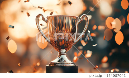 Shiny silver trophy cup standing on a reflective surface with golden bokeh lights and flying confetti, symbolizing victory, achievement, success, and celebration of excellence. 124087041