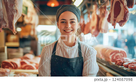 Young butcher smiling in a bustling market surrounded by fresh meats and customers 124087098