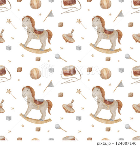 Watercolor pattern horse swing with vintage toys top, ball, drum, cubes, flag, stars. Seamless children's print hand drawn illustrations on background for textile design, fabric, clothes, wallpaper 124087140