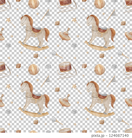 Watercolor pattern horse swing with vintage toys top, ball, drum, cubes, flag, stars. Seamless children's print hand drawn illustrations on background for textile design, fabric, clothes, wallpaper 124087140