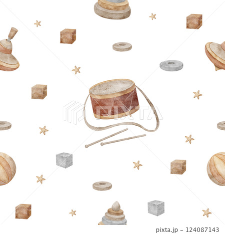 Seamless pattern vintage baby toys top, ball, drum, pyramid, cubes. Watercolor illustration on background in retro style for printing on children's textiles, fabrics, packaging, newborn clothes, card 124087143