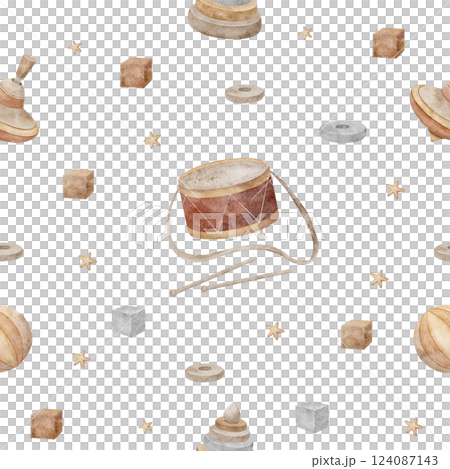 Seamless pattern vintage baby toys top, ball, drum, pyramid, cubes. Watercolor illustration on background in retro style for printing on children's textiles, fabrics, packaging, newborn clothes, card 124087143