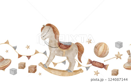 Watercolor seamless border vintage toys rocking horse, ball, top, cubes, garland flags. Seamless banner nursery isolated illustration for design kids cards, parties, birthday, invitations, baby shower Watercolor seamless border vintage toys rocking horse, ball, top, cubes, garland flags. Seamless banner nursery isolated illustration for design kids cards, parties, birthday, invitations, baby shower 124087144