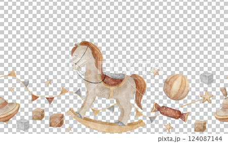 Watercolor seamless border vintage toys rocking horse, ball, top, cubes, garland flags. Seamless banner nursery isolated illustration for design kids cards, parties, birthday, invitations, baby shower Watercolor seamless border vintage toys rocking horse, ball, top, cubes, garland flags. Seamless banner nursery isolated illustration for design kids cards, parties, birthday, invitations, baby shower 124087144