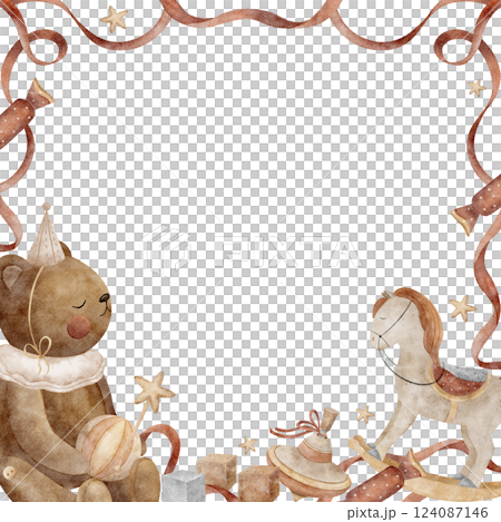 Frame of teddy bear in party cap with vintage toys, horse, swing, ball, cubes and red ribbons along the edge. Watercolor illustration hand drawing for invitations, Christmas cards, posters, templates Frame of teddy bear in party cap with vintage toys, horse, swing, ball, cubes and red ribbons along the edge. Watercolor illustration hand drawing for invitations, Christmas cards, posters, templates 124087146