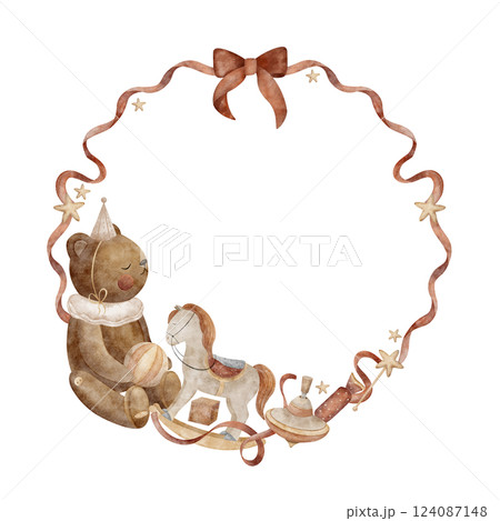 Watercolor vintage wreath plush teddy bear with toys horse swing, ball, spinning top, cubes tied red ribbons. Hand drawn illustration isolated background for handmade retro greeting cards, invitations 124087148