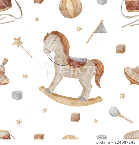 Seamless pattern horse swing with vintage toys top, ball, drum. Watercolor illustration on white background in retro style for printing on children's textiles, baby fabrics, packaging, newborn clothes 124087149
