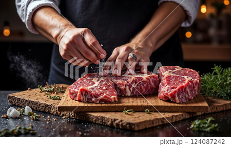 A person is seasoning meat on a cutting board 124087242