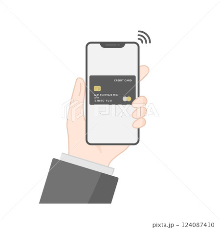 クレジットカードを登録したスマホでタッチ決済するアイコン・イラスト(フラットデザイン) 124087410