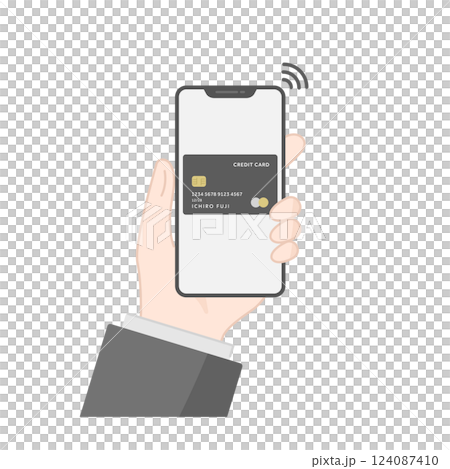 クレジットカードを登録したスマホでタッチ決済するアイコン・イラスト(フラットデザイン) 124087410