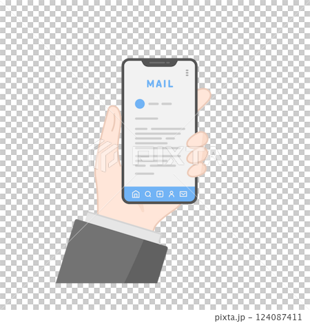 スマホでメールチェックするビジネスマンの手元 (線画・フラット) 124087411
