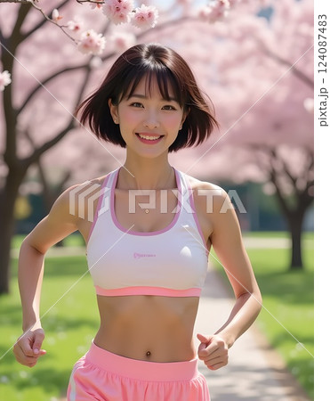 桜並木の道をランニングしている女性 124087483