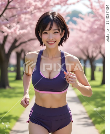 紫色のランニングウェアを着て桜満開の公園を走る女性 124087484