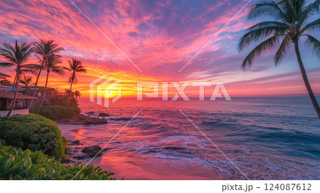 Beautiful sunset over the ocean with palm trees creating a tranquil beach atmosphere at dusk Beautiful sunset over the ocean with palm trees creating a tranquil beach atmosphere at dusk 124087612