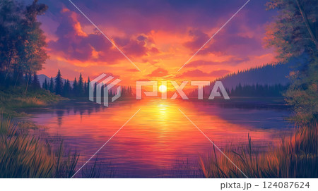 Colorful sunset illuminates a tranquil lake surrounded by mountains and trees 124087624