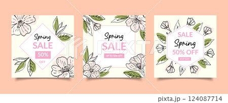 Spring cherry blossom template, seasonal sale. A set of square banners with flowers, leaves and branches in doodle style, a text frame. Vector set for web design, flyers, brochures. Spring cherry blossom template, seasonal sale. A set of square banners with flowers, leaves and branches in doodle style, a text frame. Vector set for web design, flyers, brochures. 124087714