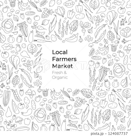Hand-drawn doodle style vector illustration of fresh farm vegetables and fruits forming a frame 124087737