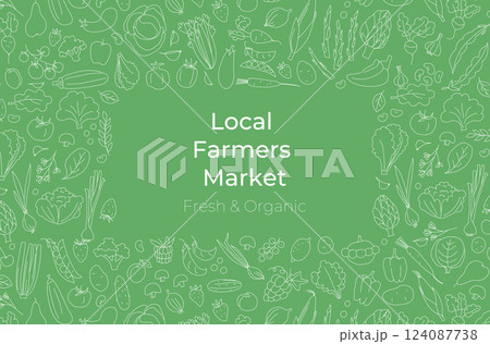 Hand-drawn doodle style vector illustration of fresh farm vegetables and fruits forming a frame 124087738