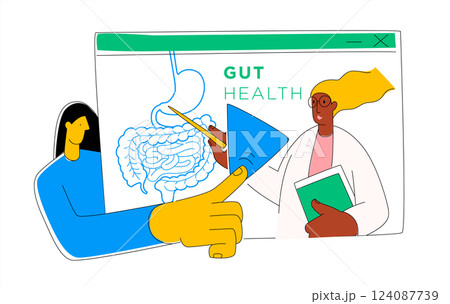 Woman learns online at webinar about gut health. Video in browser with Play button. 124087739