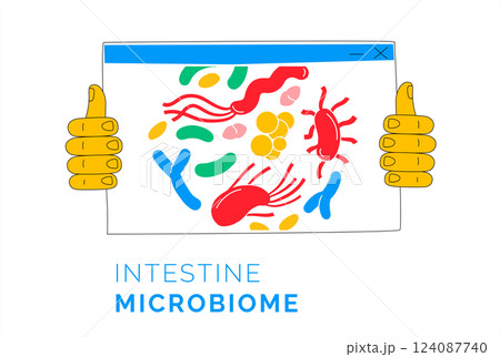Intestine Microbiome Illustration with Magnified Bacteria and Digestive System. 124087740