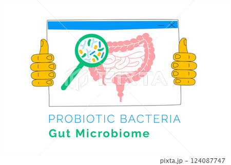 Intestine Microbiome Illustration with Magnified Bacteria and Digestive System. Intestine Microbiome Illustration with Magnified Bacteria and Digestive System. 124087747