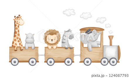 Cute train with african animals on isolated background. Zebra, elephant and giraffe, cartoon illustration in neutral colors for kids 124087793