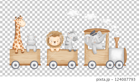 Cute train with african animals on isolated background. Zebra, elephant and giraffe, cartoon illustration in neutral colors for kids 124087793