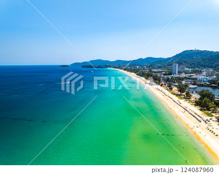 Amazing sea background,Summer blue sky over sea background,Beautiful ocean at Phuket island Thailand,High angle view drone shot 124087960