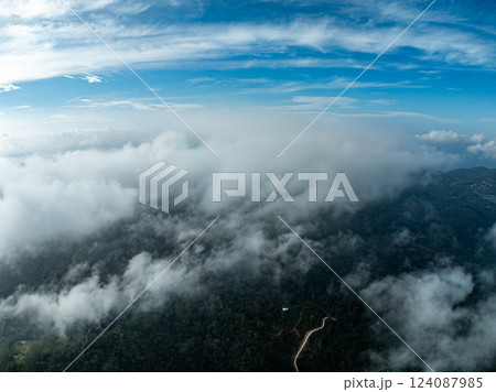 Aerial view Beautiful natural landscape Rainforest mountains in the sunrise or sunset time,Natural scenery tropical forest and fog in asia,Wide angle view drone shot 124087985