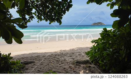 A hidden beach view framed by green leaves, with soft sand, turquoise waves, and an island in the distance. Seychelles, Mahe. Grand Anse. A hidden beach view framed by green leaves, with soft sand, turquoise waves, and an island in the distance. Seychelles, Mahe. Grand Anse. 124088263