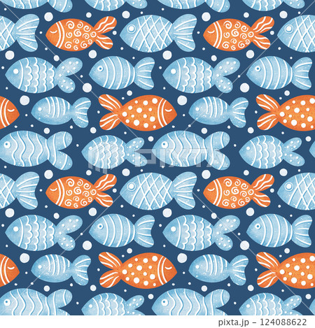 Cute seamless pattern with various fishes on blue back. Drawn colorful fish. Marine kids background 124088622