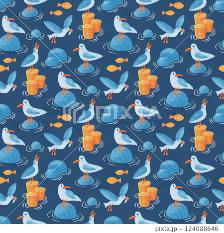 Seamless pattern. Cartoon seagulls, stones, waves, fish. Marine print with birds on blue back Seamless pattern. Cartoon seagulls, stones, waves, fish. Marine print with birds on blue back 124088646