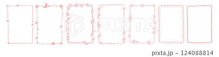 Cute line frame set, vector hand drawn minimal kawaii border, curly brushstroke design, star box. Cute line frame set, vector hand drawn minimal kawaii border, curly brushstroke design, star box. 124088814