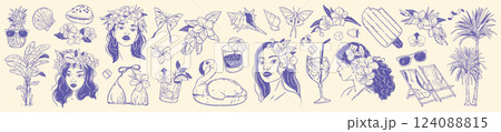 Tropical summer doodle set, vector Hawaii island vacation sticker, woman portrait, exotic flower. Tropical summer doodle set, vector Hawaii island vacation sticker, woman portrait, exotic flower. 124088815