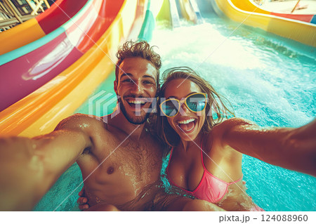 Happy friends taking a selfie at a water park 124088960
