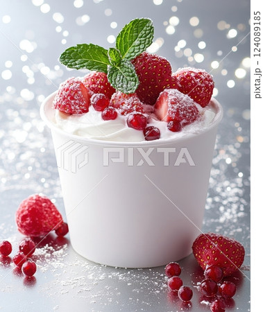 The image shows a glass of yogurt decorated with fresh strawberries and mint, sprinkled with powdered sugar. The perfect combination of ingredients creates a visually appealing. The image shows a glass of yogurt decorated with fresh strawberries and mint, sprinkled with powdered sugar. The perfect combination of ingredients creates a visually appealing. 124089185