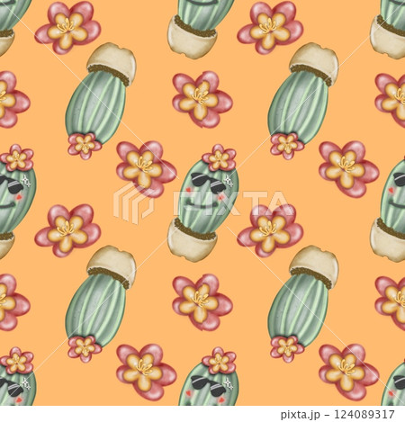 Seamless Pattern with Cactus Plants. Variety cute of different types of cactus, hand drawn. 124089317