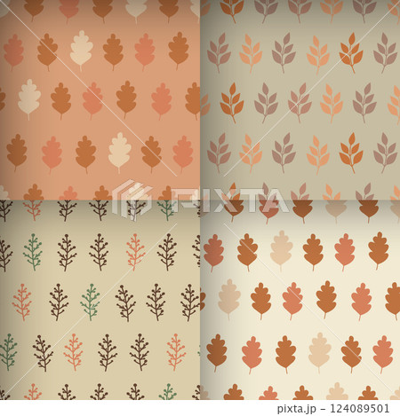 Botanical autumn seamless patterns with stylized oak leaves and plant branches 124089501