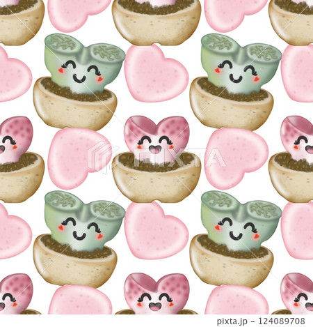 Seamless Pattern with Cactus Plants. Variety cute of different types of cactus, hand drawn. 124089708