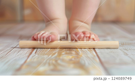 Infant Practicing Foot Exercises on Wooden Stick 124089749